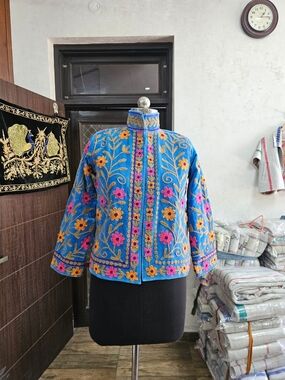 Hand-Embroidered Blue Floral Women's Jacket
